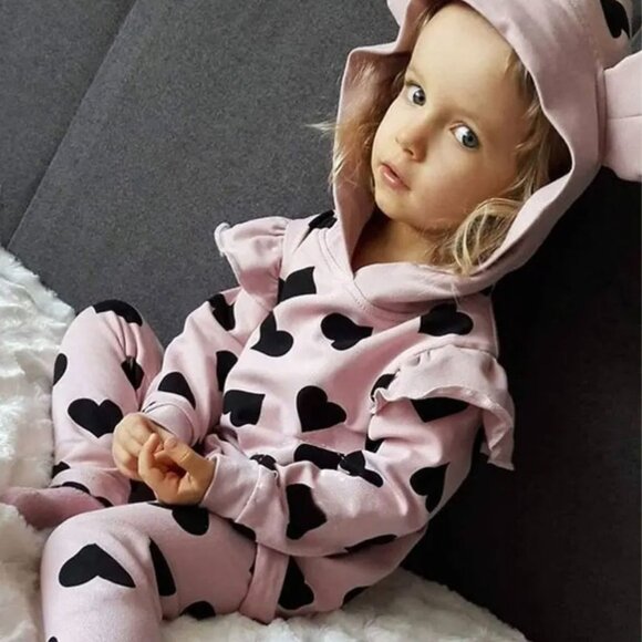 Toddler Pink Heart-Printed Hoodie & Leggings Set With‎ Ruffles Cute Ear Detail - Picture 2 of 5